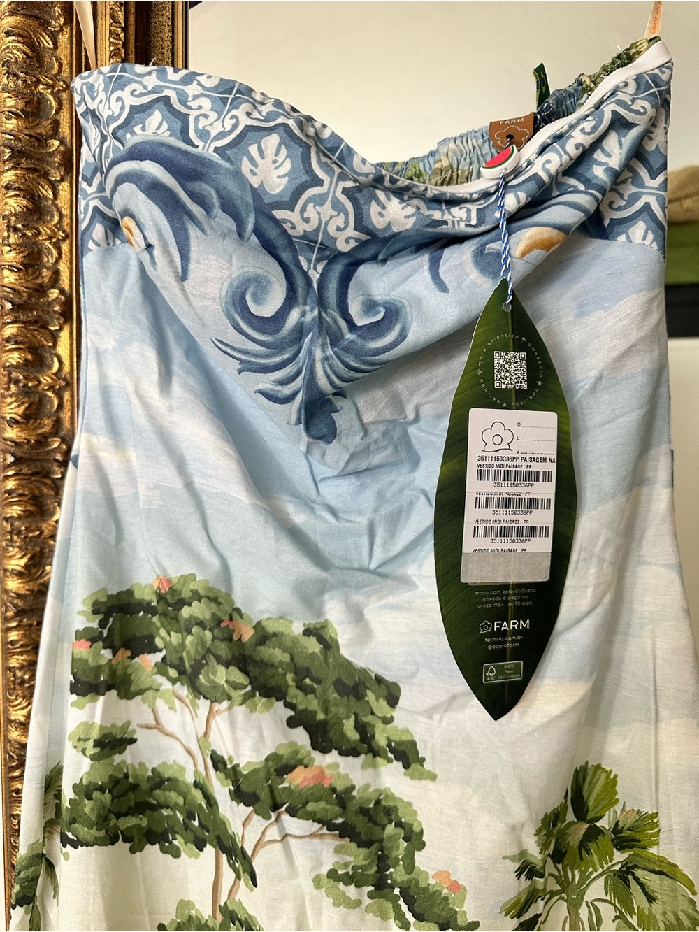 FARM Rio Countryside Landscape Blue and Green Printed Strapless Slip Dress - Picture 3 of 7